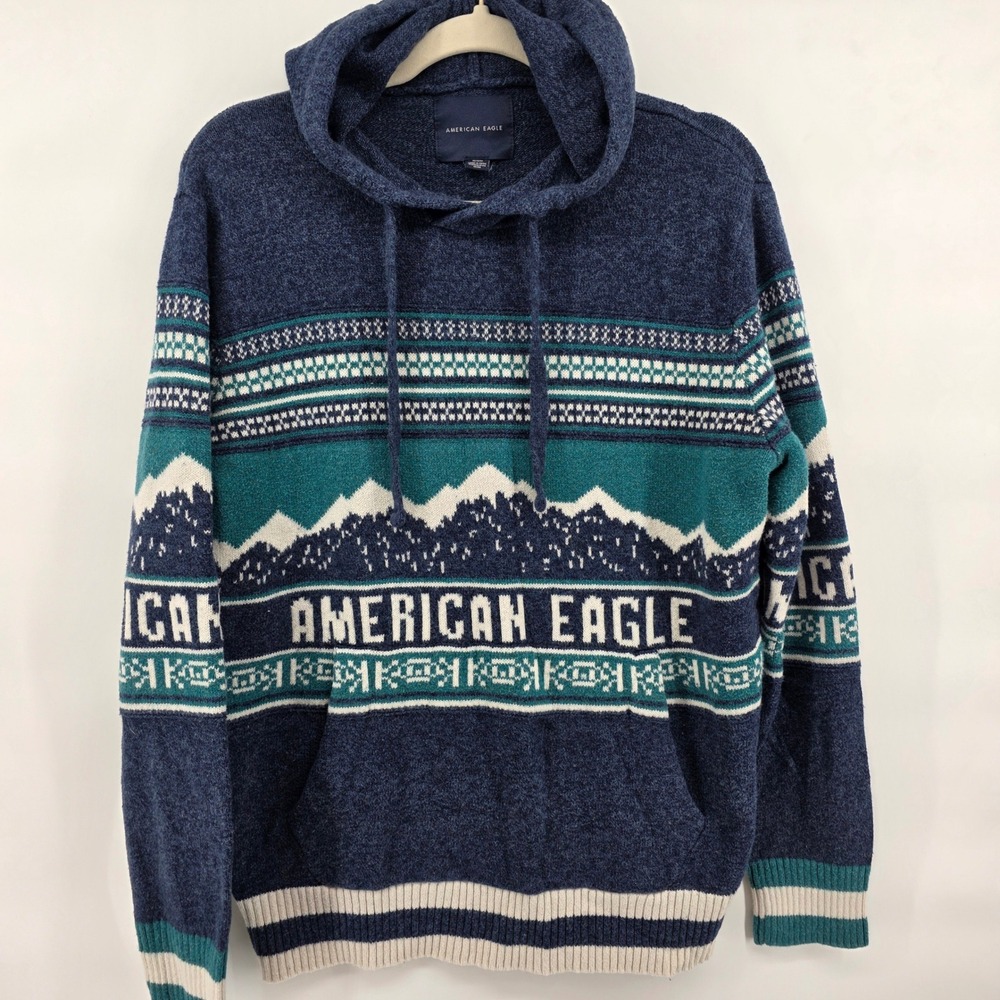 American‎ Eagle Med Knit Hoodie Sweater Blue Mountain Graphic Pullover